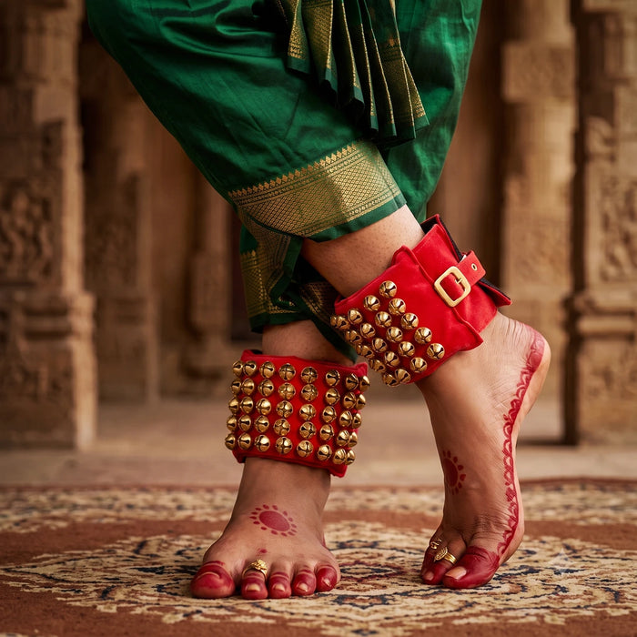 Brass Salangai - 5 x 8 Inches | 5 Line bharatanatyam Ghungroo/ Velvet Ghungroo For Classical Dance Practice