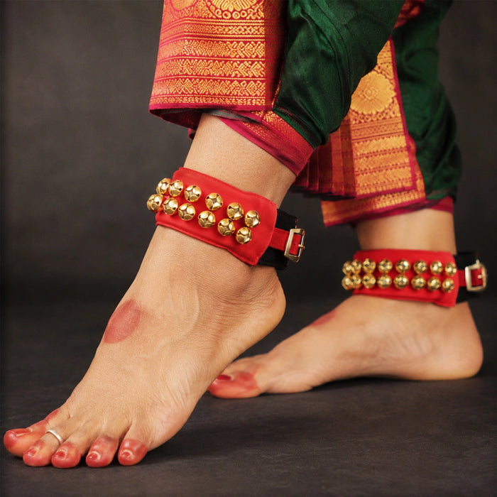 Brass Ghungroo - 3 x 9.5 Inches | 2 Line Ghunghroo/ Velvet Netted Dance Salangai For Classical Dance Practice