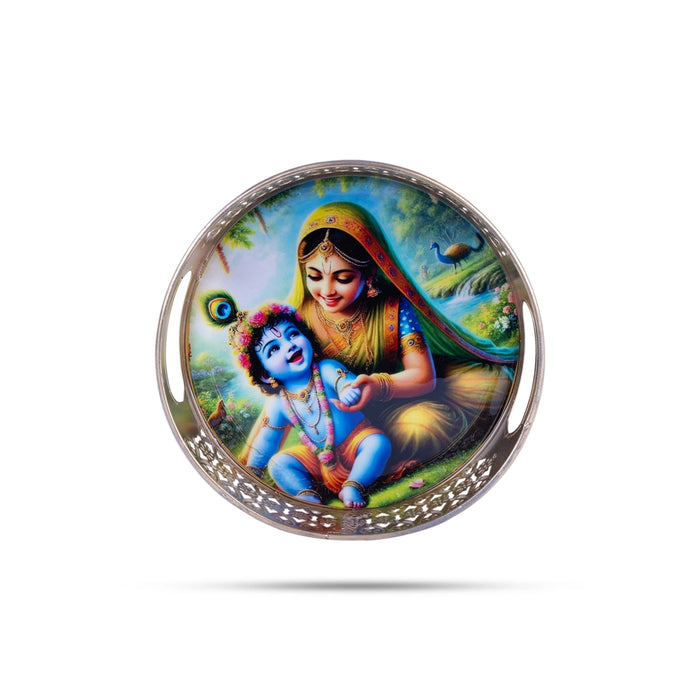 Yasodha Krishna Murti Design Pichwai Tray With Handle- 2 X 8 Inches | Thali Plate/Decorative Plate For Serving - Pooja Plate & Tray