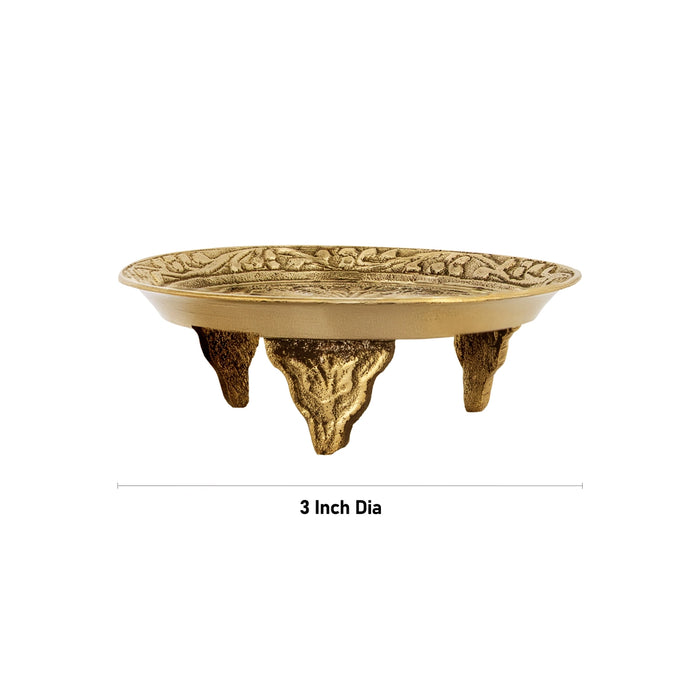 Pooja Stand With Base - 3 Inches Dia | Peacock Design Brass Plate/ Pin Tray/ Pooja Asan For Pooja & Deity - Pooja Aasan & Bajot & Pooja Mat