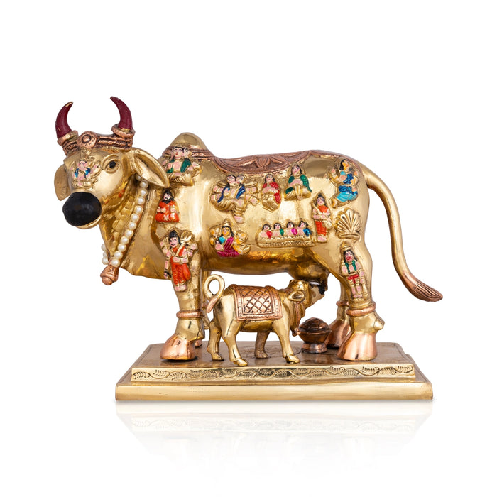 Cow With Calf Idol With Base- 7.5 X 8 Inches | Brass Idol/ Enamel Kamdhenu Cow And Calf For Prosperity & Home - Table Stand Accessories