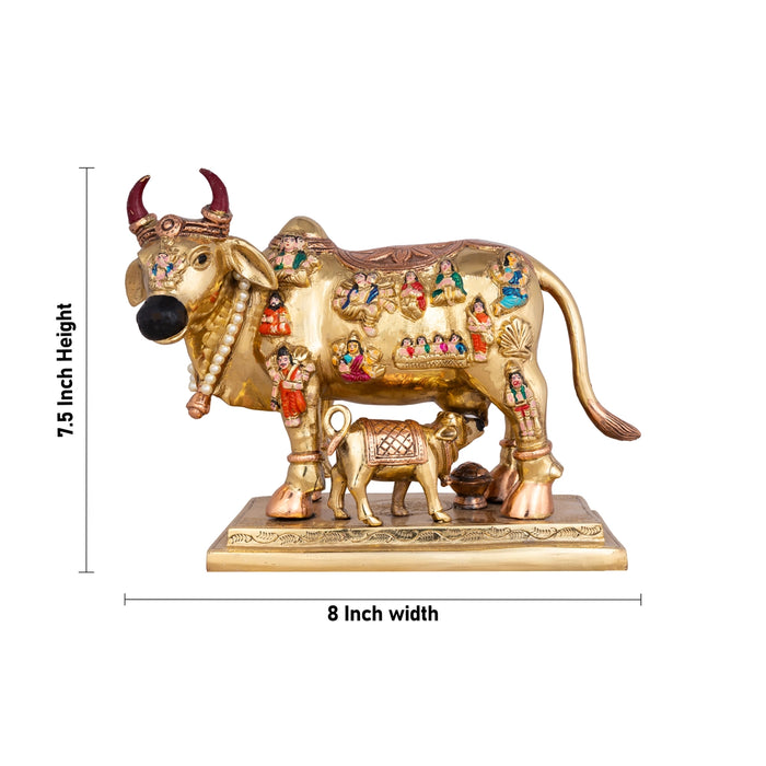 Cow With Calf Idol With Base- 7.5 X 8 Inches | Brass Idol/ Enamel Kamdhenu Cow And Calf For Prosperity & Home - Table Stand Accessories