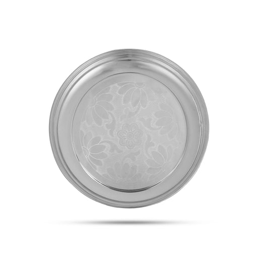 White Metal Plate With Leg - 1.75 X 8 Inches | Flower Engraved Thali Plate/ Pooja Plate For Offerings - Pooja Plate & Tray