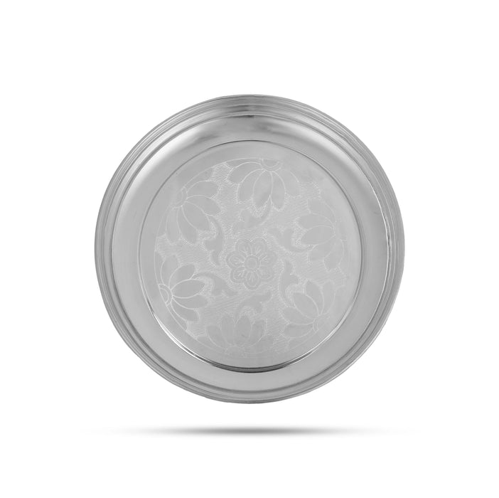 White Metal Plate With Leg - 1.75 X 8 Inches | Flower Engraved Thali Plate/ Pooja Plate For Offerings - Pooja Plate & Tray