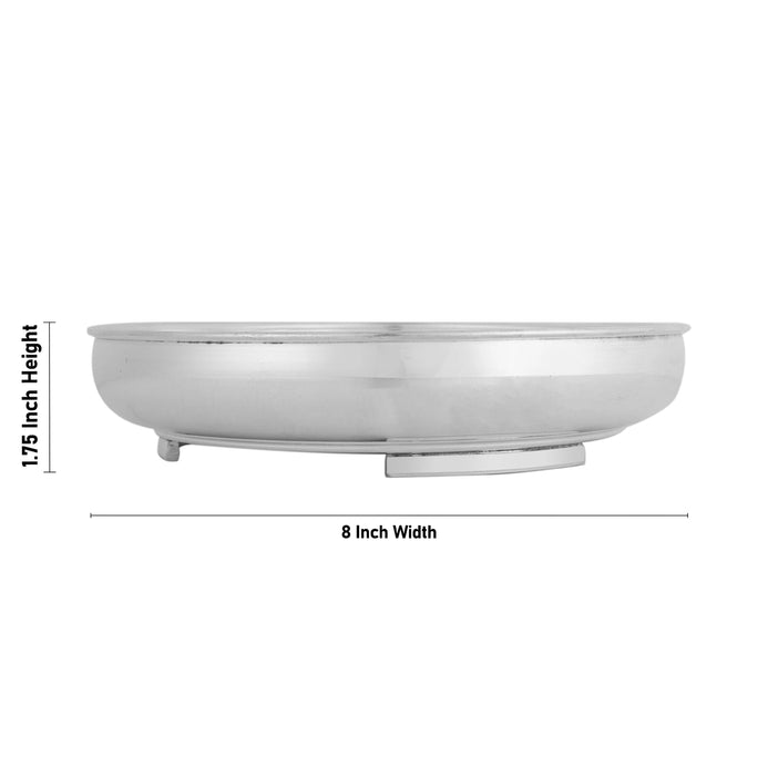 White Metal Plate With Leg - 1.75 X 8 Inches | Flower Engraved Thali Plate/ Pooja Plate For Offerings - Pooja Plate & Tray