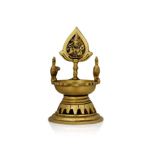 Murugan Murti With Peacock Design Brass Lamp - 5 X 2 Inches | Antique Polish Vilakku/ Brass Deepam For Pooja - Deity Lamps