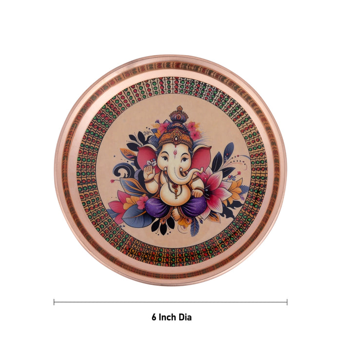 Plate With Sticker - 6 Inches | Stainless Steel/ Copper Finish Pooja Plate/ Thali Plate for Home & Pooja - Pooja Plate & Tray