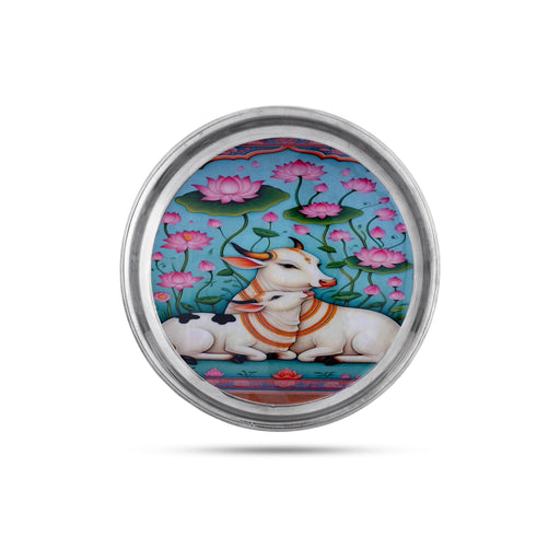 Cow With Calf Sticker Designing Plate- 6 Inches |Stainless Steel Pooja Plate/Silver Polish Thali Plate For Puja - Pooja Plate & Tray
