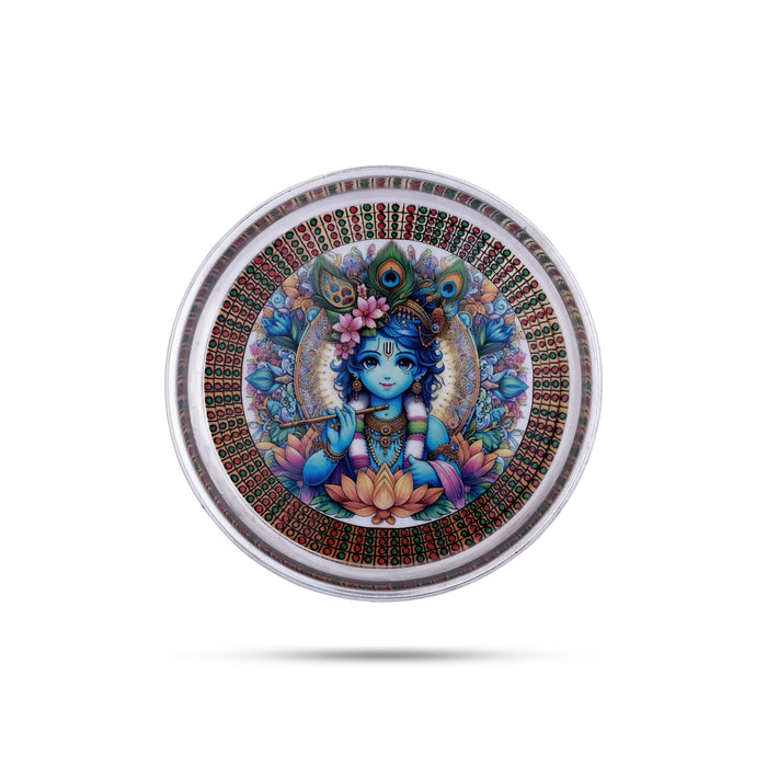 Krishna Murti Sticker Designing Plate- 7 Inches | Stainless Steel Pooja Plate/Silver Polish Thali Plate For Puja - Pooja Plate & Tray