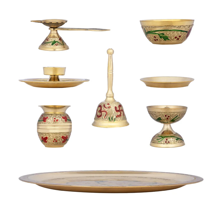 Brass Puja Thali Set – 10 Inch | 8 Pcs / Meenakari Design Pooja Set / Traditional Puja Thali For Home