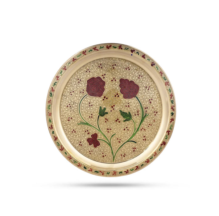 Brass Puja Thali Set – 10 Inch | 8 Pcs / Meenakari Design Pooja Set / Traditional Puja Thali For Home