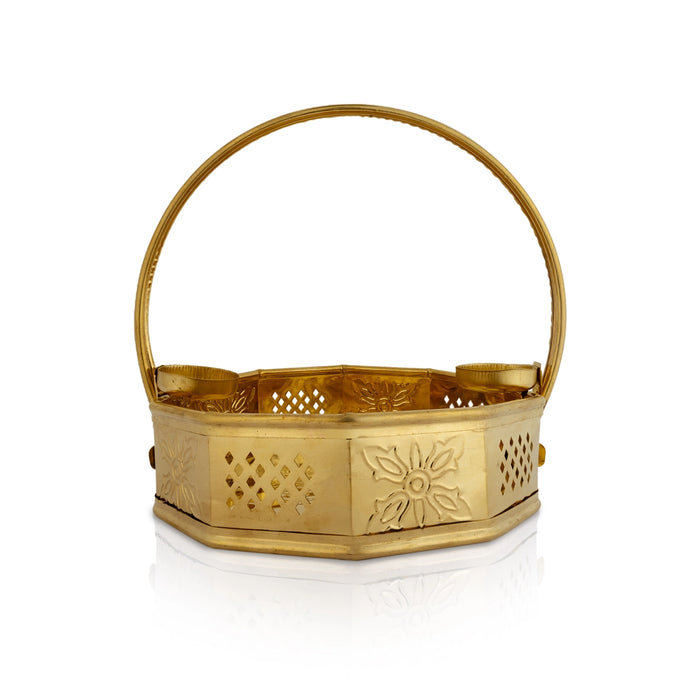 Traditional Pooja Basket With Handle - 7.75 X 8.25 Inches | Flower Basket/ Brass Basket For Temple Pooja - Basket