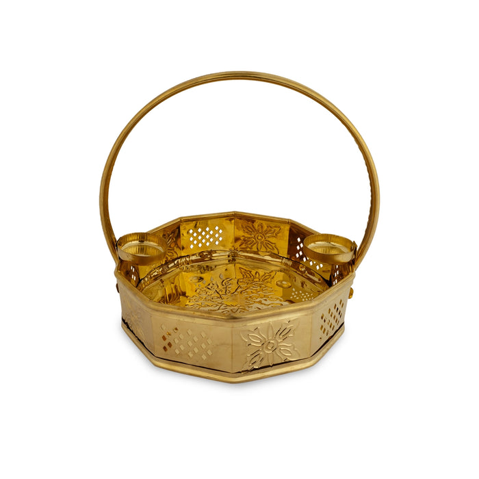 Traditional Pooja Basket With Handle - 7.75 X 8.25 Inches | Flower Basket/ Brass Basket For Temple Pooja - Basket