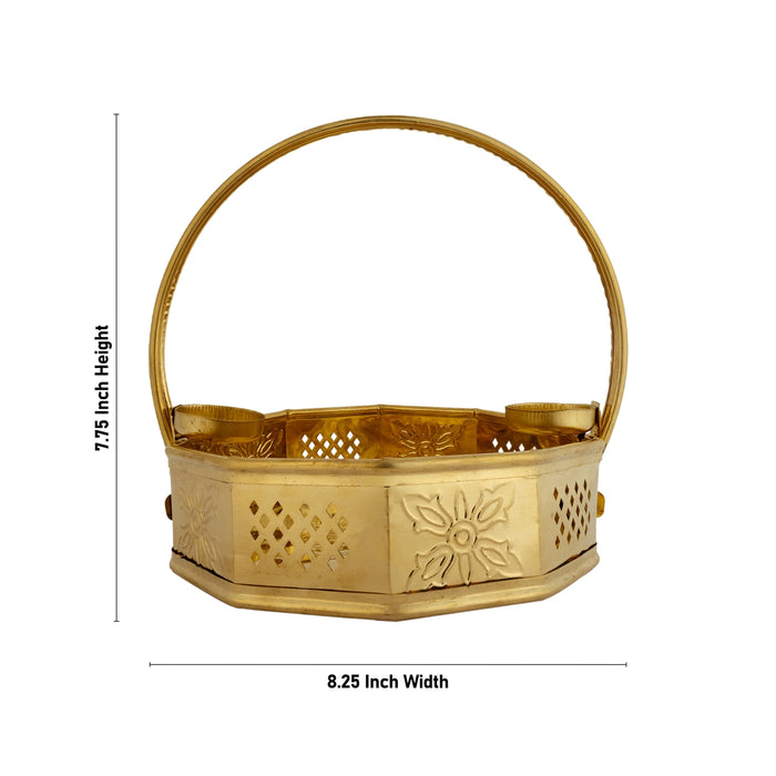 Traditional Pooja Basket With Handle - 7.75 X 8.25 Inches | Flower Basket/ Brass Basket For Temple Pooja - Basket