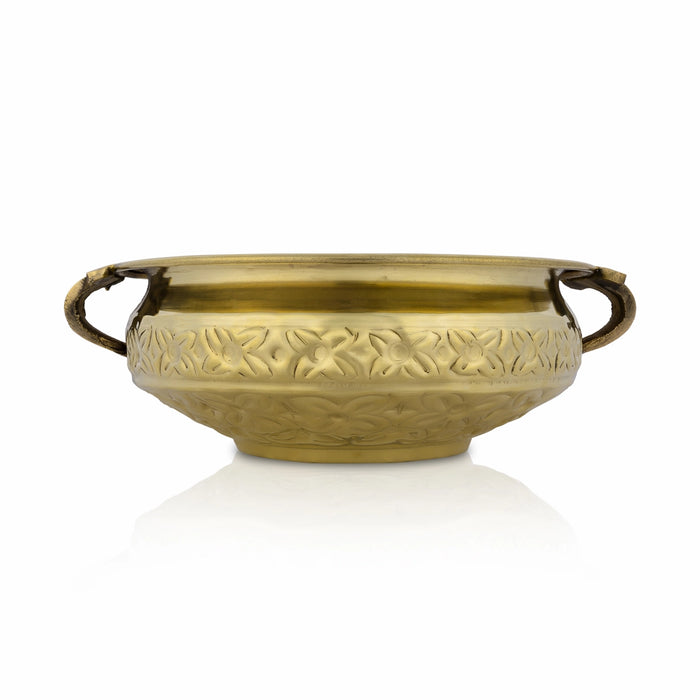 Fower Design Urli - 3 x 9 Inches | Brass Uruli / Brass Urli With Handle for Home & Office Decoration