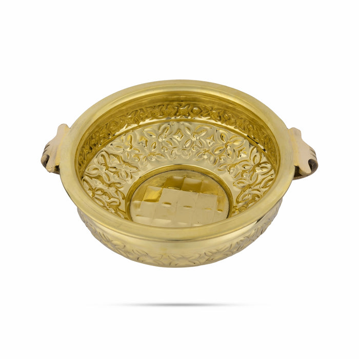 Fower Design Urli - 3 x 9 Inches | Brass Uruli / Brass Urli With Handle for Home & Office Decoration