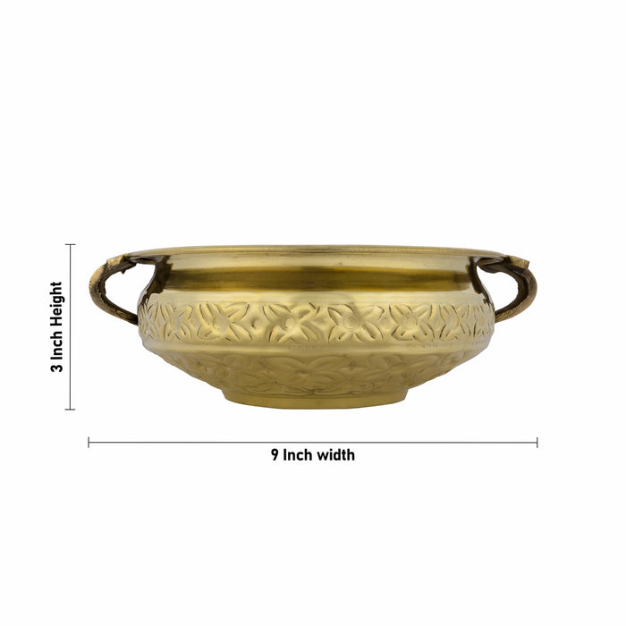 Fower Design Urli - 3 x 9 Inches | Brass Uruli / Brass Urli With Handle for Home & Office Decoration