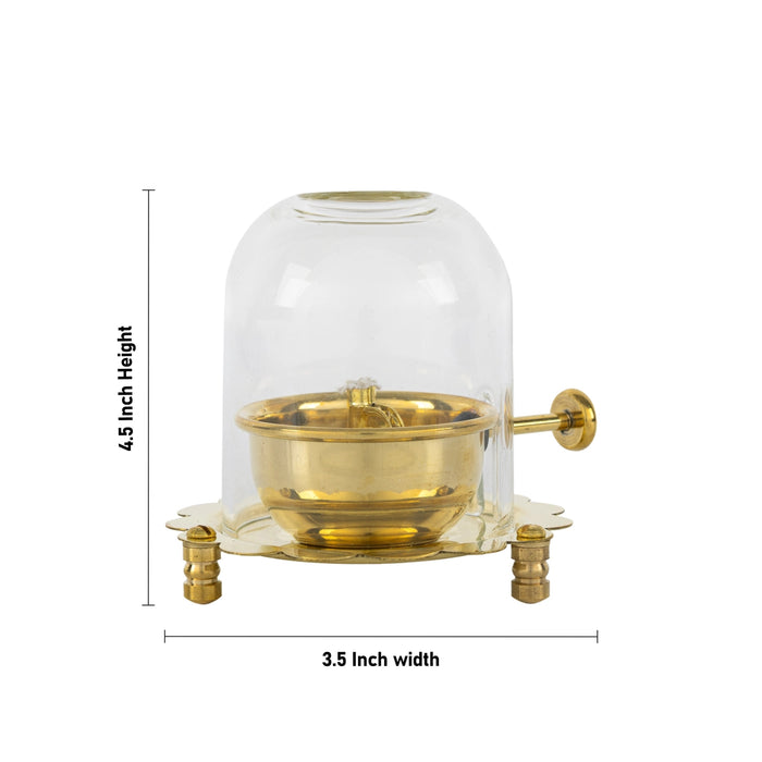 Akhand Lamp Glass Dhoom With Adjustable Bati - 4.5 x 3.5 Inches | Brass Diya Protecter / Safe Lamp Cover For Pooja - Decorative Lamps