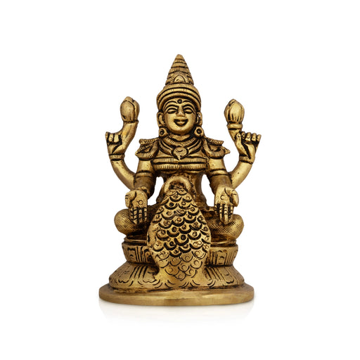Dhana Lakshmi Idol Sitting On Base - 4 X 2.5 Inches | Antique Brass Idol/ Dhanlaxmi Murti For Wealth Blessings - Brass Murties