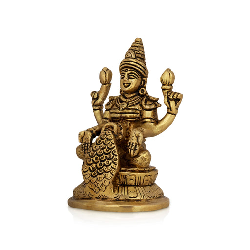 Dhana Lakshmi Idol Sitting On Base - 4 X 2.5 Inches | Antique Brass Idol/ Dhanlaxmi Murti For Wealth Blessings - Brass Murties