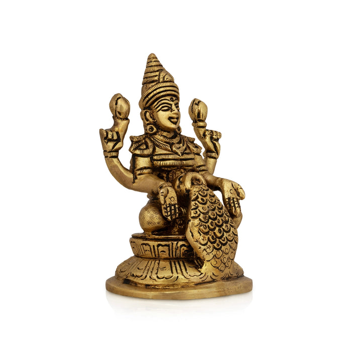 Dhana Lakshmi Idol Sitting On Base - 4 X 2.5 Inches | Antique Brass Idol/ Dhanlaxmi Murti For Wealth Blessings - Brass Murties