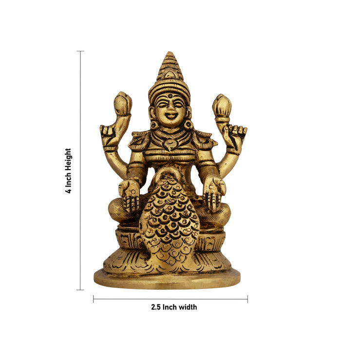 Dhana Lakshmi Idol Sitting On Base - 4 X 2.5 Inches | Antique Brass Idol/ Dhanlaxmi Murti For Wealth Blessings - Brass Murties