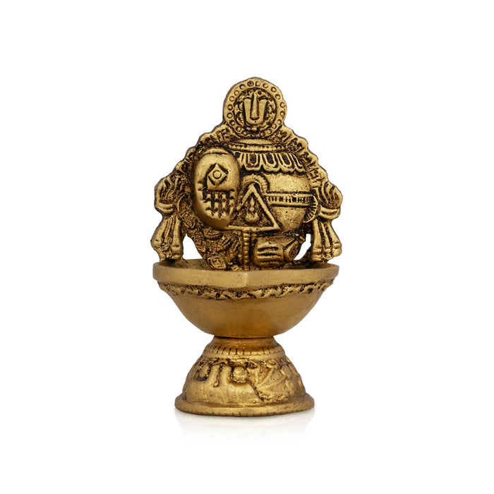 Vishnu Shank And Hand Design Brass Lamp - 3.75 X 2.25 Inches | Antique Polish Vilakku/ Brass Deepam For Pooja - Deity Lamps