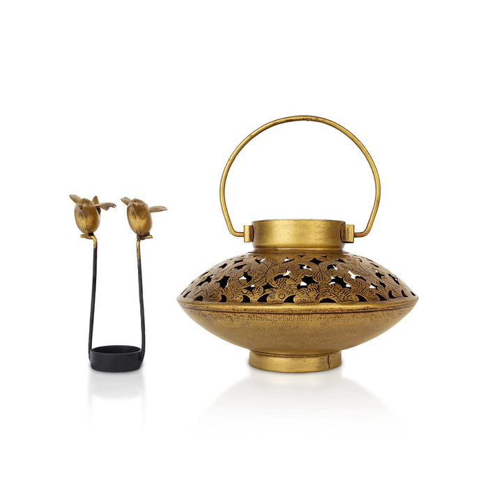 Bird Degchi Design Tealight Candle Holder With Handle- 6.5 X 8.5 Inches | Metal T Light Holder/ Tea Light Holder - Table Stand Accessories