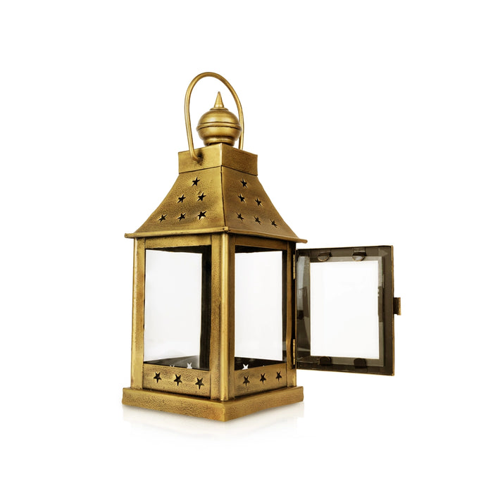 Metal Decorative Lantern With Glass Door- 13 X 4.5 Inches | Diya Stand With Handle/ Tealight Candle Holder - Lamp Stands & Accessories