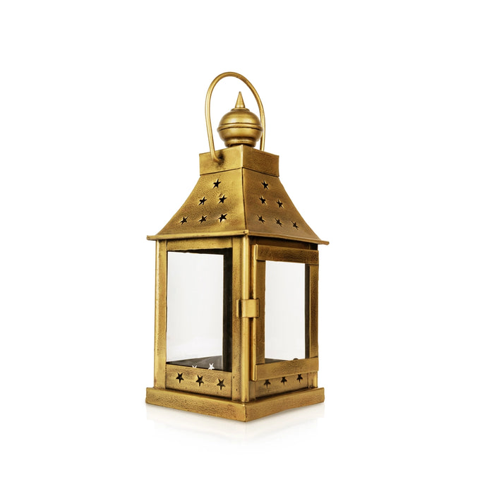 Metal Decorative Lantern With Glass Door- 13 X 4.5 Inches | Diya Stand With Handle/ Tealight Candle Holder - Lamp Stands & Accessories
