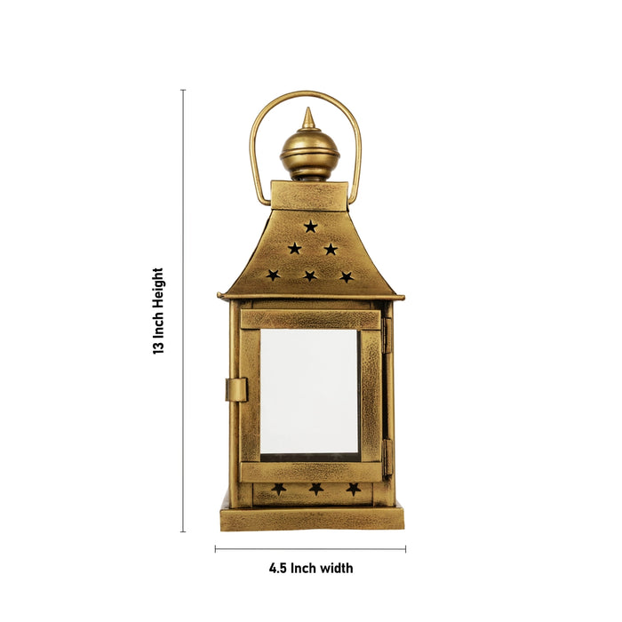 Metal Decorative Lantern With Glass Door- 13 X 4.5 Inches | Diya Stand With Handle/ Tealight Candle Holder - Lamp Stands & Accessories