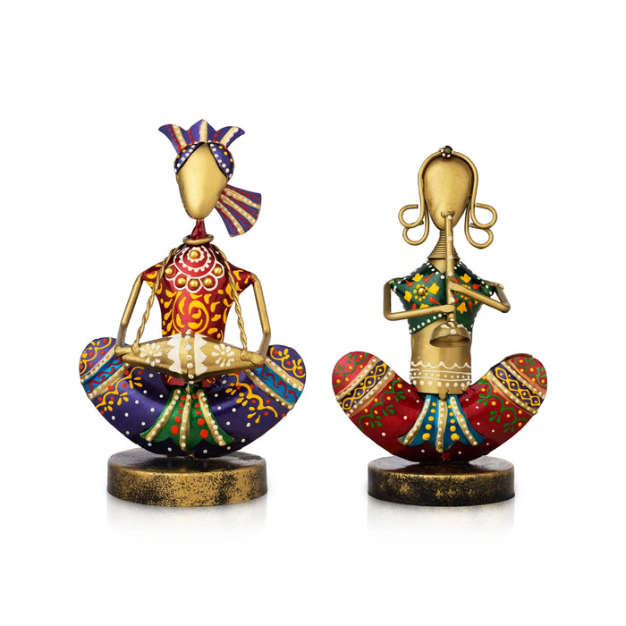 Sitting Rajasthani Musician Couple Pair- 7 X 4.5 Inches | Diwali Decor/ Iron Musician Showpiece For Home Decor - Table Stand Accessories