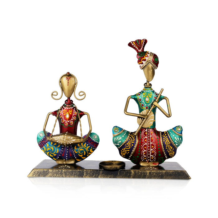 Rajasthani Musician Couple With Candle Holder- 9.5 X 10.5 Inch| Diwali Decor/ Metal Musician Showpiece For Home - Table Stand Accessories