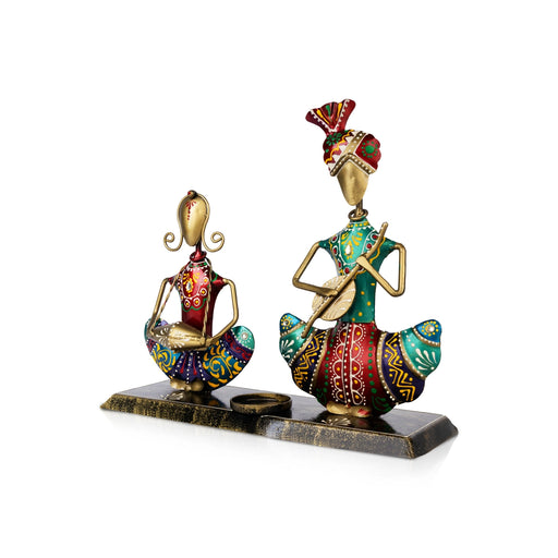 Rajasthani Musician Couple With Candle Holder- 9.5 X 10.5 Inch| Diwali Decor/ Metal Musician Showpiece For Home - Table Stand Accessories