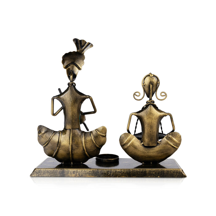 Rajasthani Musician Couple With Candle Holder- 9.5 X 10.5 Inch| Diwali Decor/ Metal Musician Showpiece For Home - Table Stand Accessories