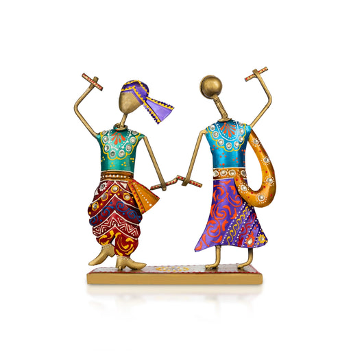 Dandiya Couple With Base - 9 X 6.5 Inches | Diwali Decor/ Iron Dancing Couple Showpiece For Home Decoration - Table Stand Accessories