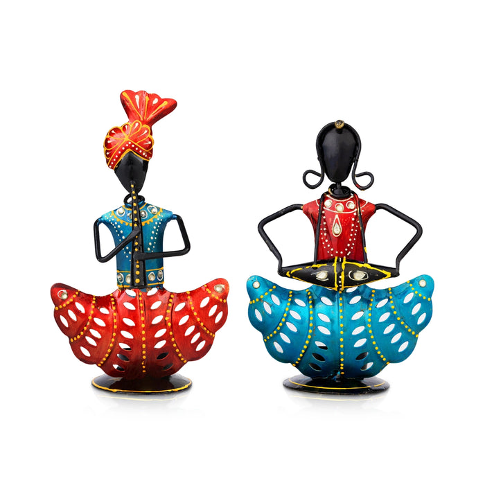Rajasthani Musician Couple Pair With Tealight Candle Holder- 9.5 X 5 Inches | Musician Showpiece/ Diwali Decor - Table Stand Accessories