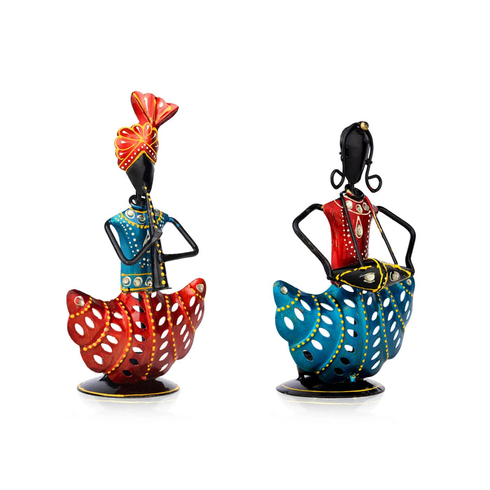 Rajasthani Musician Couple Pair With Tealight Candle Holder- 9.5 X 5 Inches | Musician Showpiece/ Diwali Decor - Table Stand Accessories