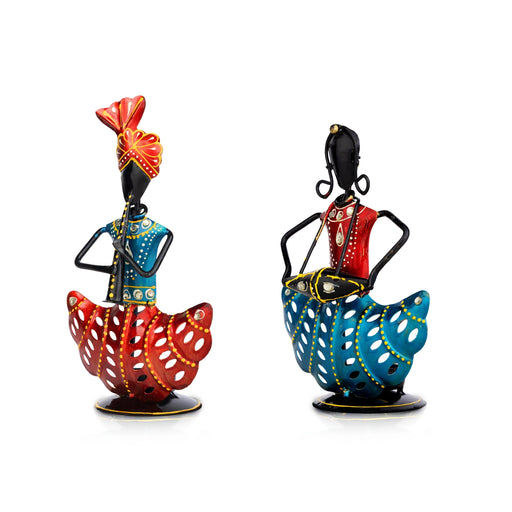 Rajasthani Musician Couple Pair With Tealight Candle Holder- 9.5 X 5 Inches | Musician Showpiece/ Diwali Decor - Table Stand Accessories
