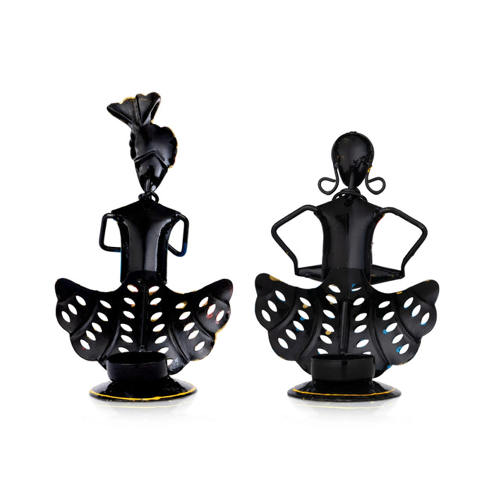 Rajasthani Musician Couple Pair With Tealight Candle Holder- 9.5 X 5 Inches | Musician Showpiece/ Diwali Decor - Table Stand Accessories