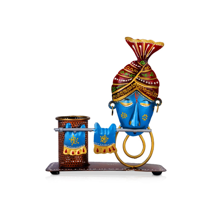 Musician Krishna Design Pen Stand- 9.75 X 8 Inches | Iron Pen Holder/Pen Organizer For Office Desk, Home Study - Table Stand Accessories