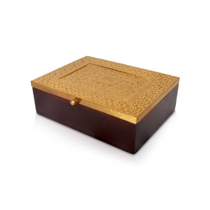 Brass Polished Storage Box - 2.75 X 8 X 8 Inches | Dry Fruit Box/ Wooden Box For Kitchen Organization - Pooja Box & Paduka