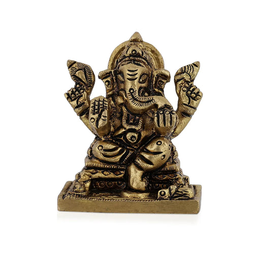 Ganesh Murti Sitting On Bajot - 1.75 X 1.5 Inches | Antique Brass Idol/ Ganpati Murti For Home Pooja - Brass Murties