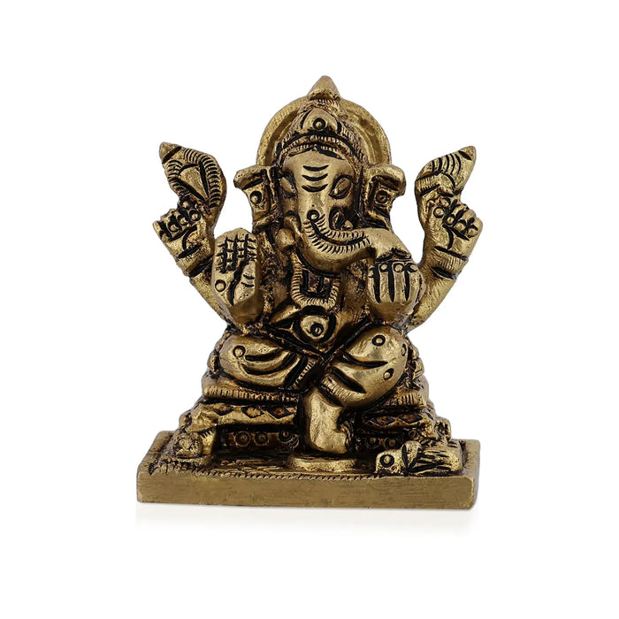 Ganesh Murti Sitting On Bajot - 1.75 X 1.5 Inches | Antique Brass Idol/ Ganpati Murti For Home Pooja - Brass Murties