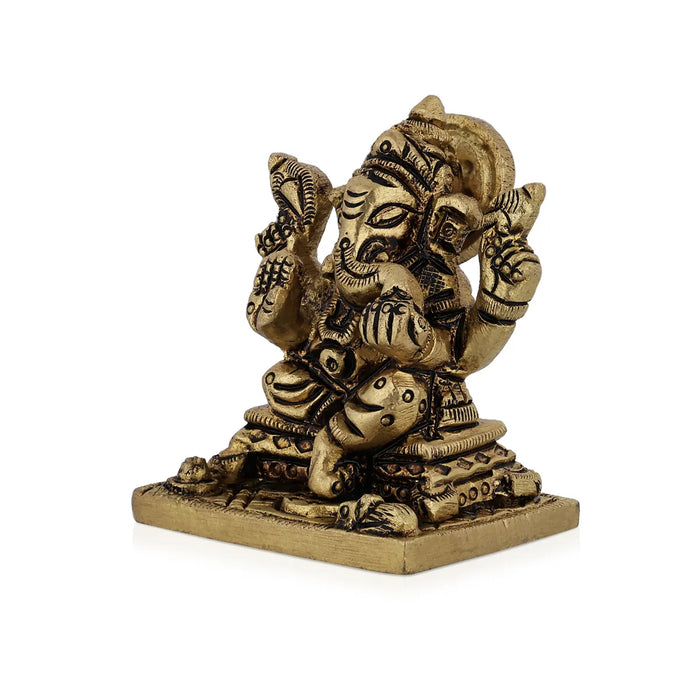Ganesh Murti Sitting On Bajot - 1.75 X 1.5 Inches | Antique Brass Idol/ Ganpati Murti For Home Pooja - Brass Murties