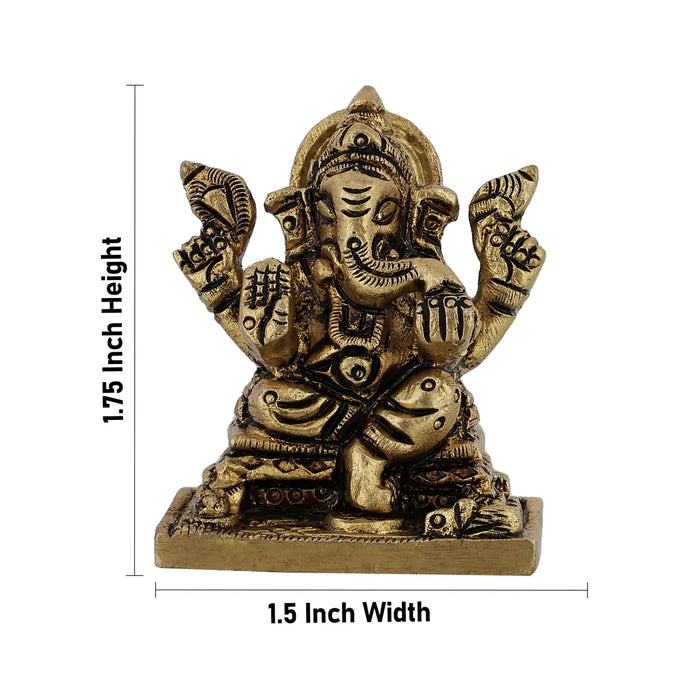 Ganesh Murti Sitting On Bajot - 1.75 X 1.5 Inches | Antique Brass Idol/ Ganpati Murti For Home Pooja - Brass Murties