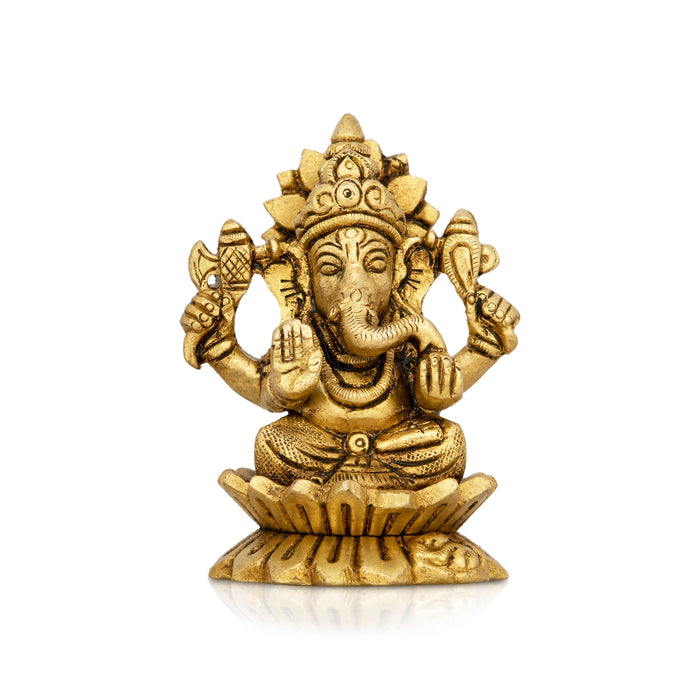 Ganesh Murti Sitting On Lotus Flower - 3.25 x 2.25 Inches | Antique Brass Idol/ Ganpati Murti for Pooja/ 340 Gms - Brass Murties