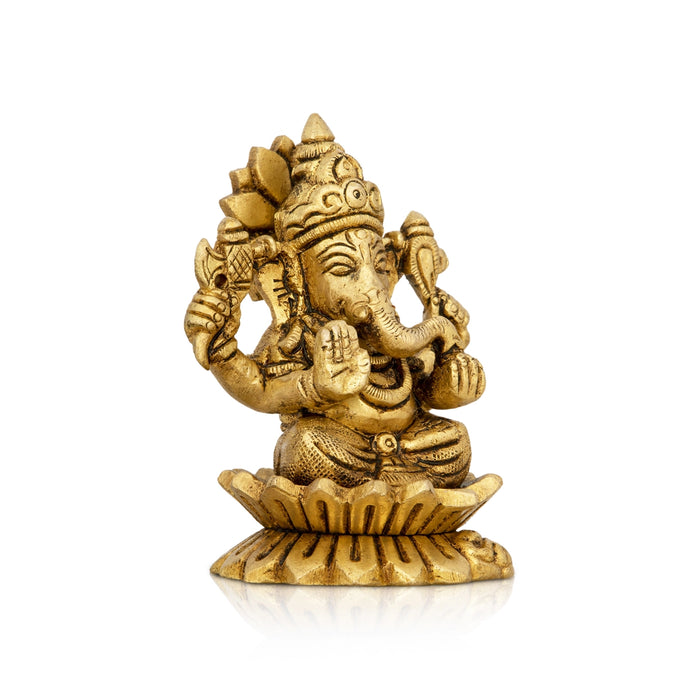 Ganesh Murti Sitting On Lotus Flower - 3.25 x 2.25 Inches | Antique Brass Idol/ Ganpati Murti for Pooja/ 340 Gms - Brass Murties