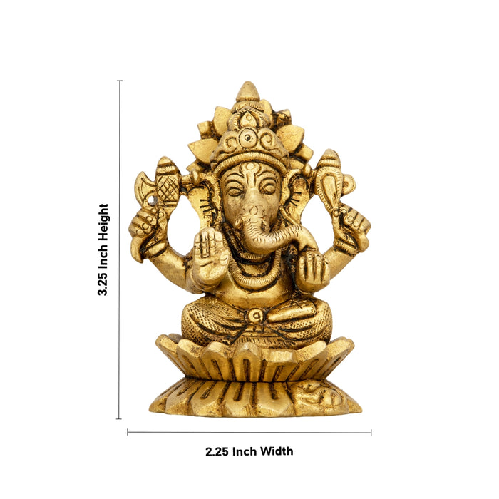 Ganesh Murti Sitting On Lotus Flower - 3.25 x 2.25 Inches | Antique Brass Idol/ Ganpati Murti for Pooja/ 340 Gms - Brass Murties