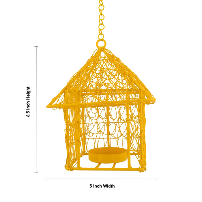 Hanging Bird Cage Square Hut Nest Tealight Holder with Chain -6.5x5 Inches | Metal T Light Holder/ Tea Light Holder - Table Stand Accessories